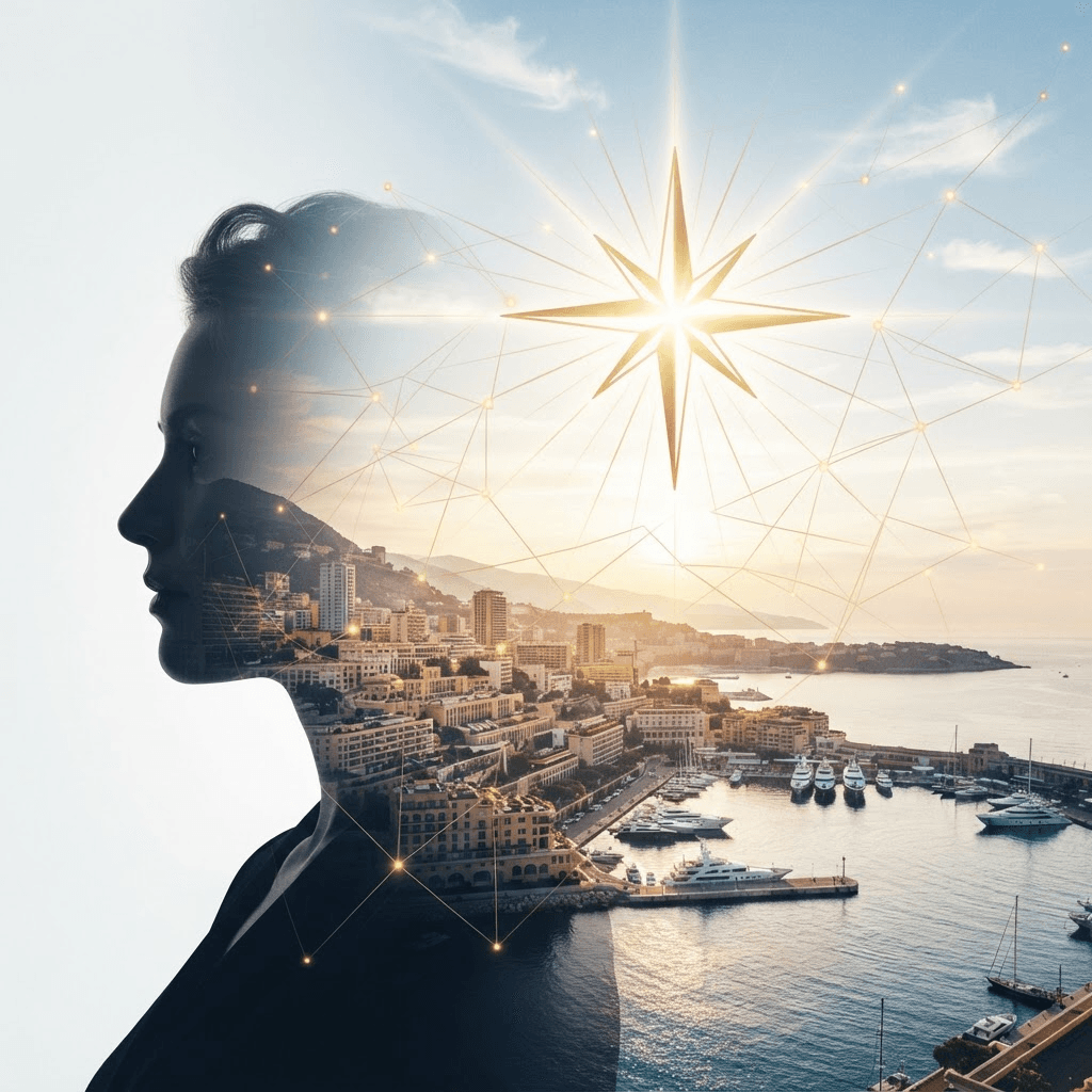 Profile silhouette merged with a Mediterranean coastal city at sunrise, overlaid with a golden compass star and a network of connecting lines