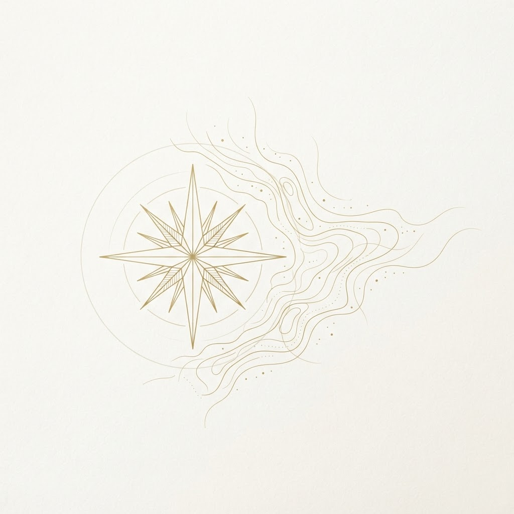 Fine gold line illustration of a compass star surrounded by delicate contour lines