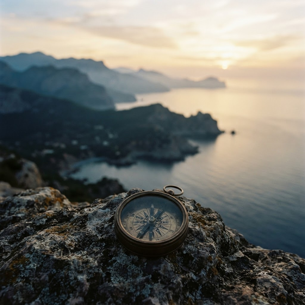 Antique brass compass on rock overlooking a Mediterranean coastline at sunrise