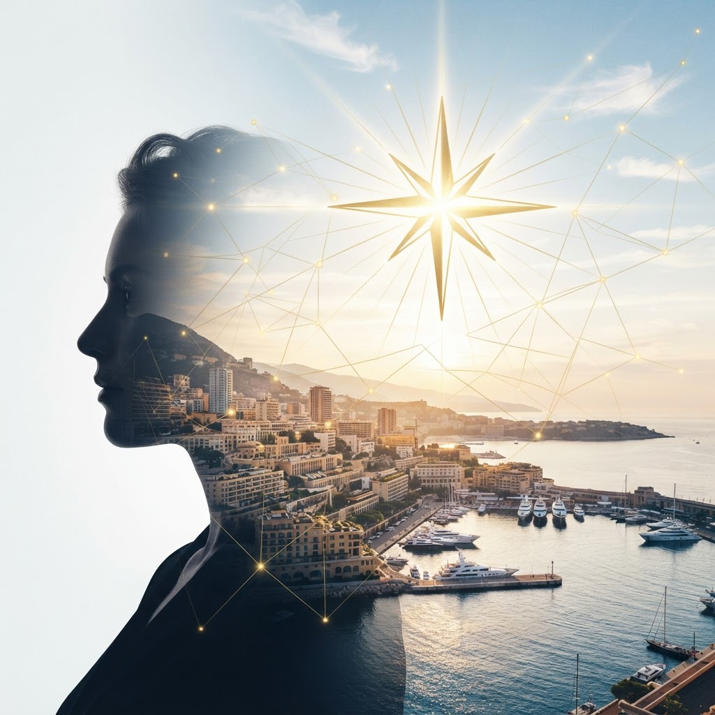 Profile silhouette merged with a Mediterranean coastal city at sunrise, overlaid with a golden compass star and a network of connecting lines