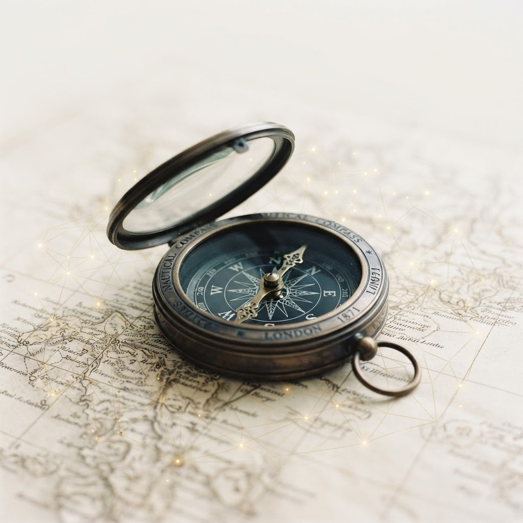 Antique brass compass resting on a pale antique map