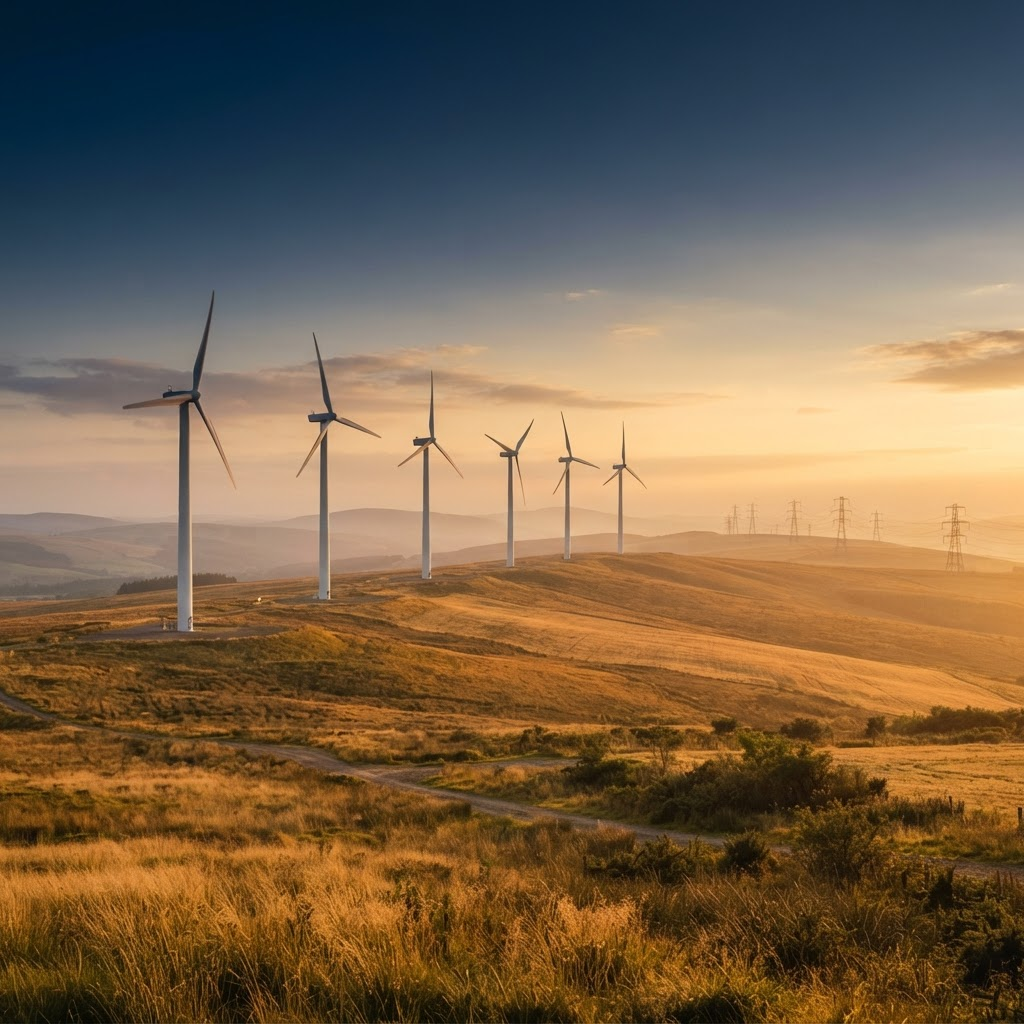Aerogeneradores en una ladera al atardecer