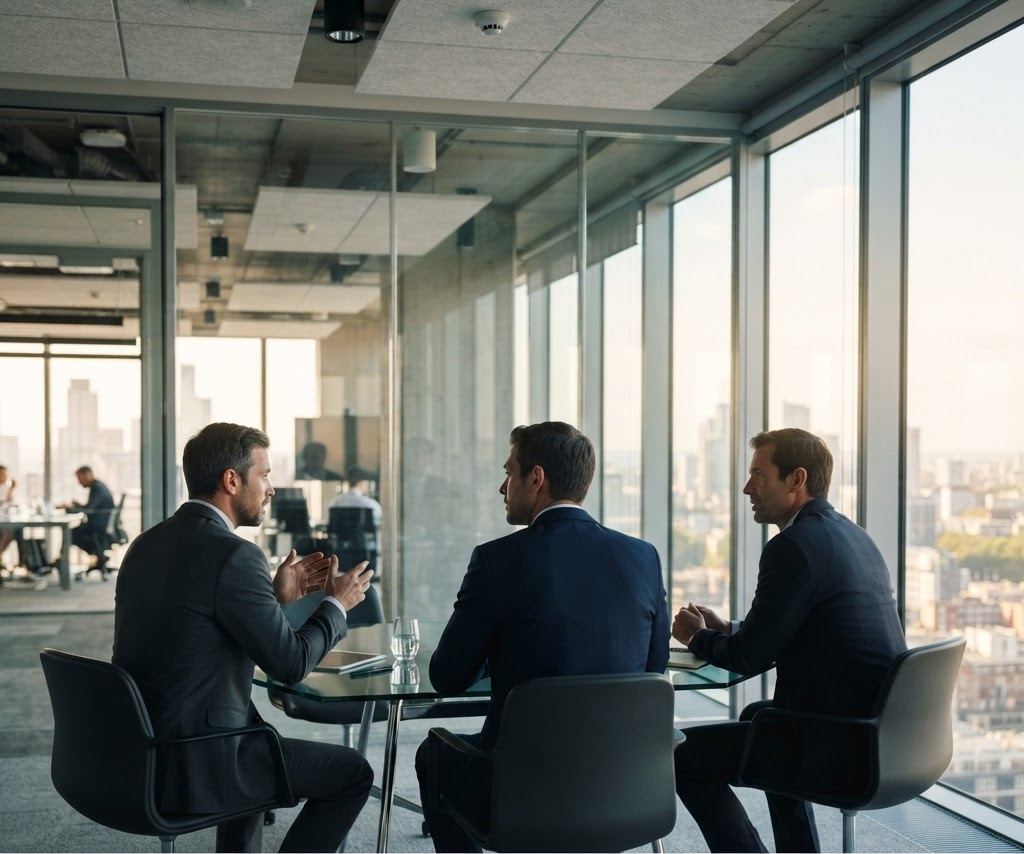 Business professionals in conversation in a modern glass office