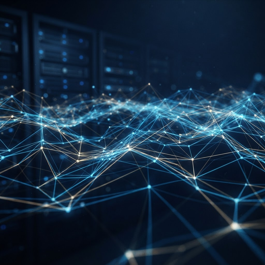 Abstract network of glowing connected nodes on a dark background