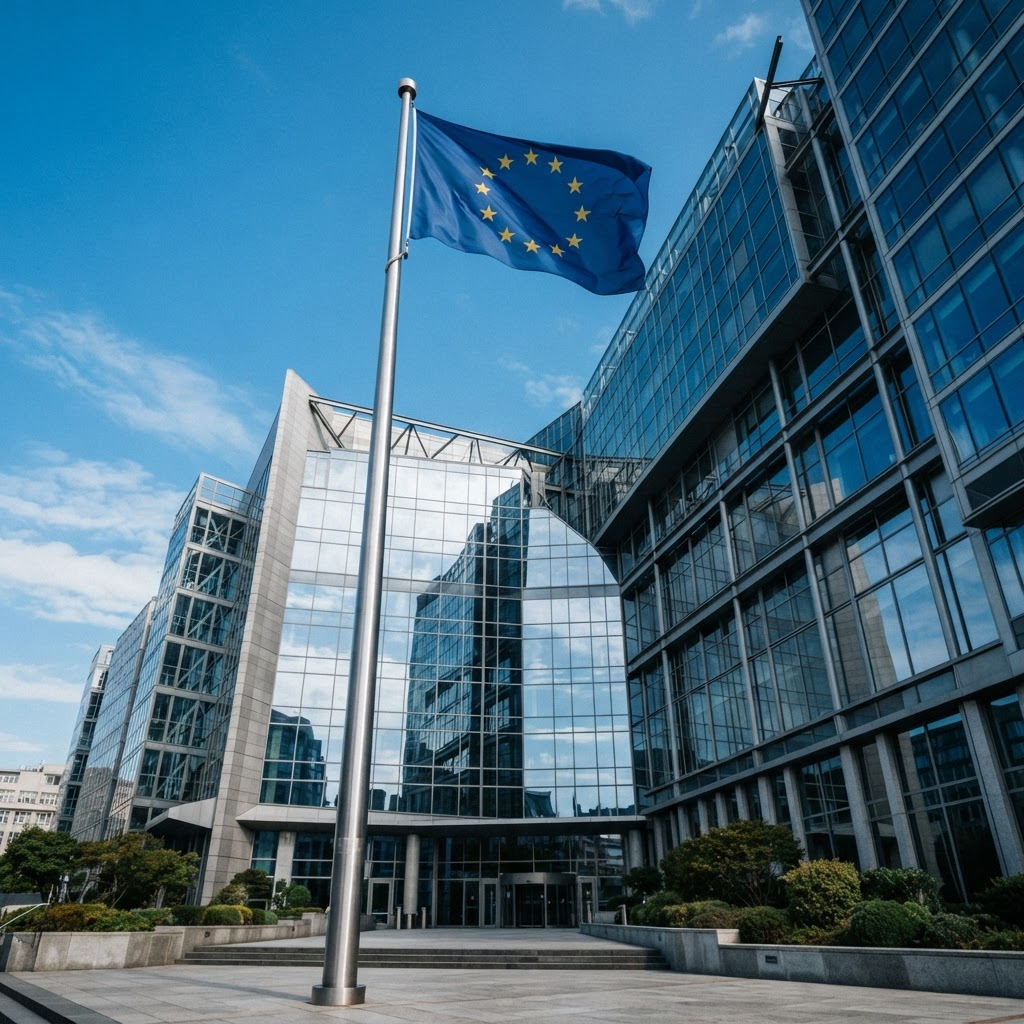 The European Union flag in front of a modern glass building