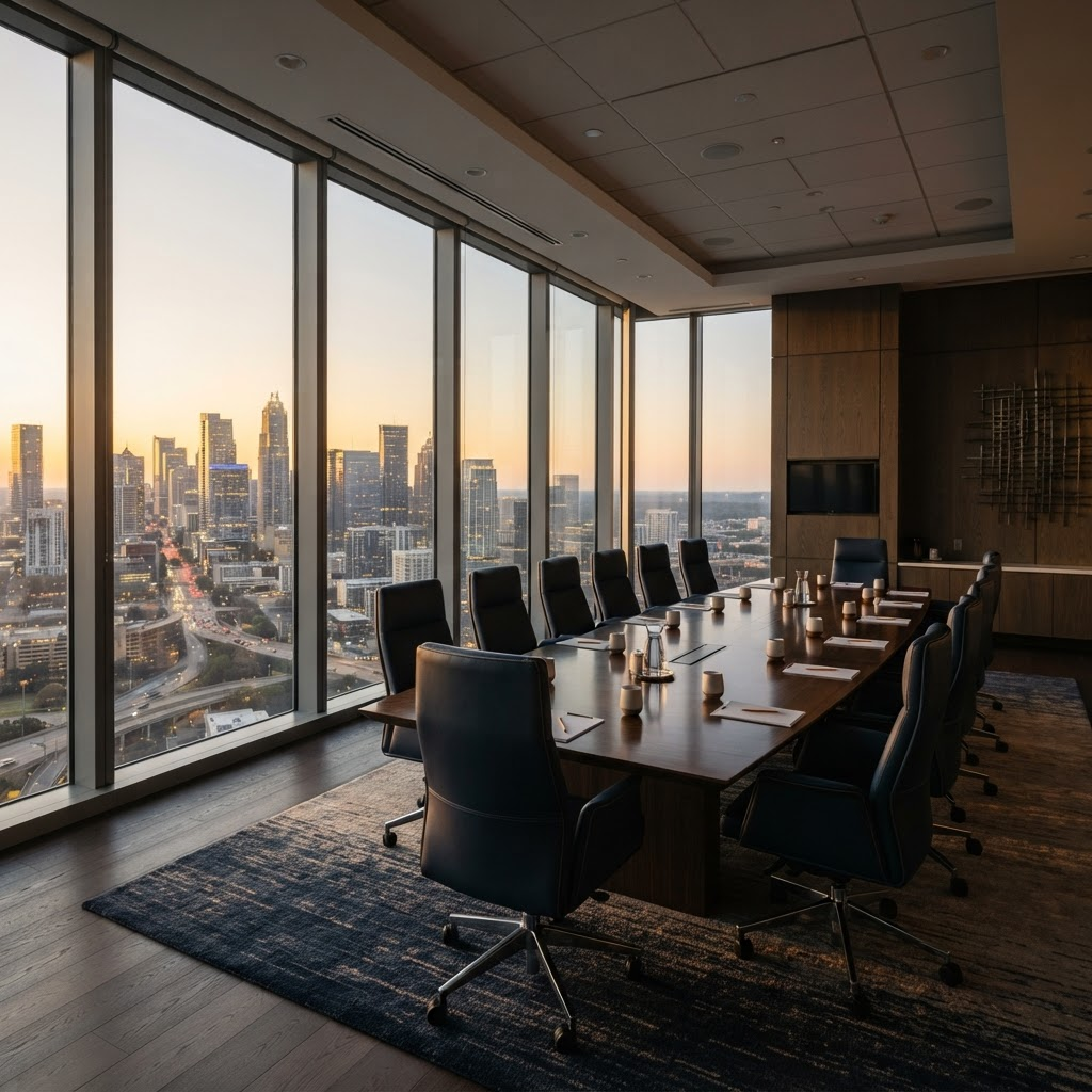 An empty modern boardroom at dawn with city views