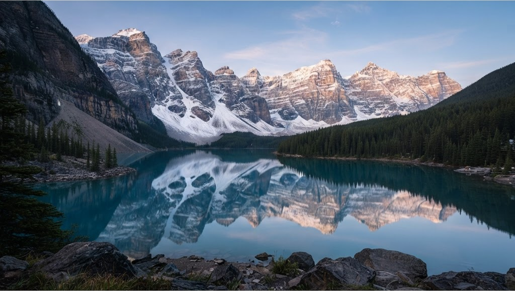Lago alpino en calma que refleja montañas nevadas al amanecer