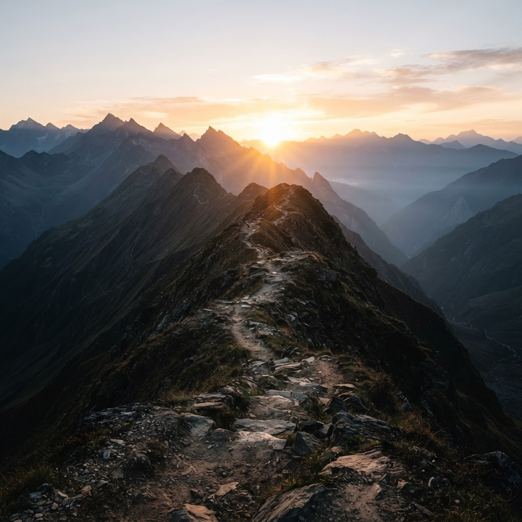 Sendero por una estrecha cresta de montaña hacia un amanecer luminoso